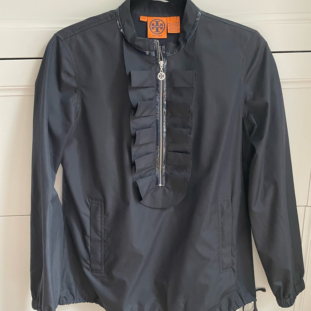 Tory Burch Black Ruffle-Front Utility Pullover Jacket